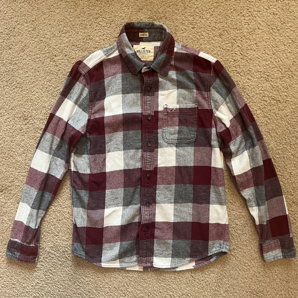 Hollister Men’s Small Stretch Flannel Shirt, maroon/gray/white